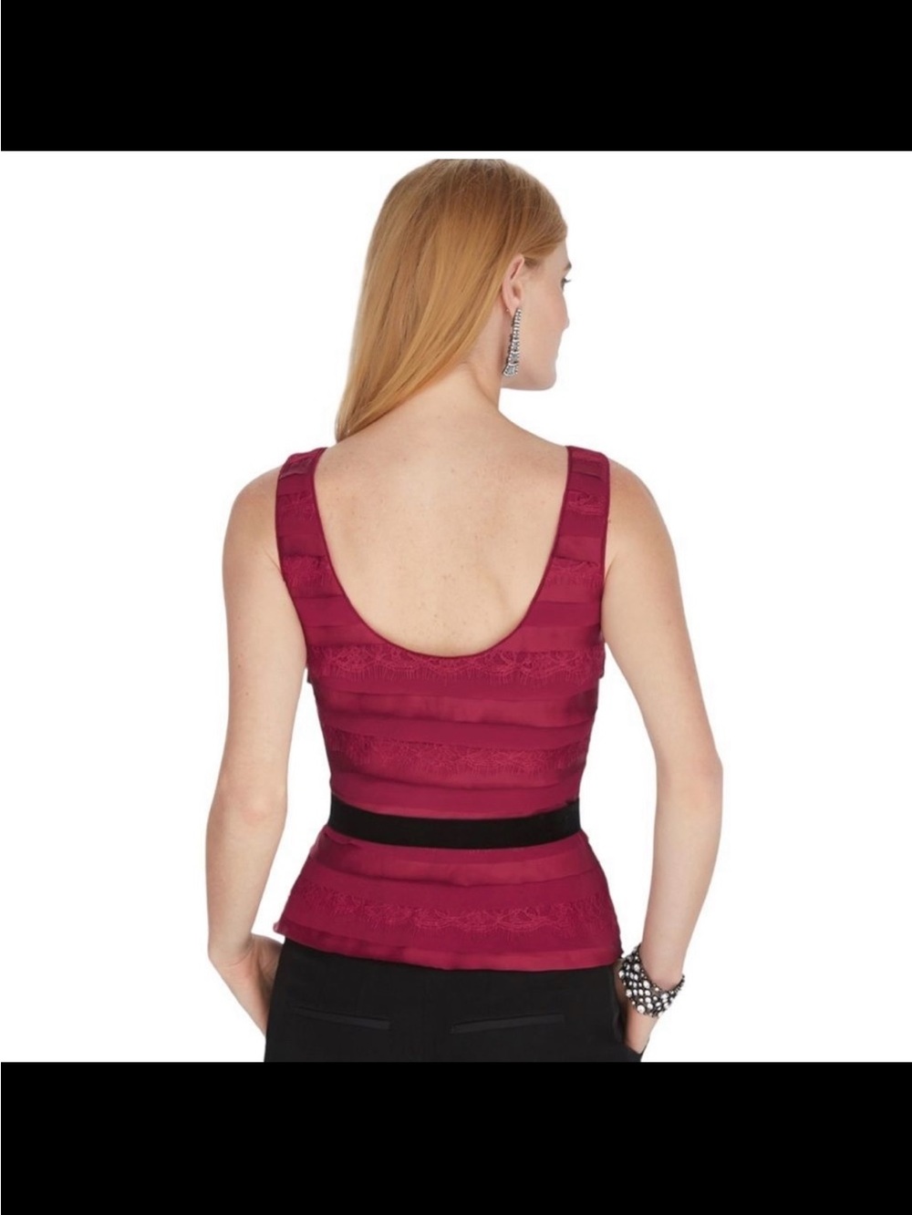 White House Black Market Burgundy Sleeveless Layered Peplum Top with Black Tie - Picture 3 of 7